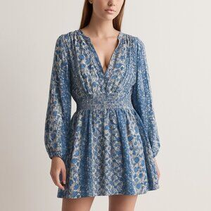 AQUA Women’s Boho Floral Smocked Waist Dress Blue Cream XL Long Sleeve